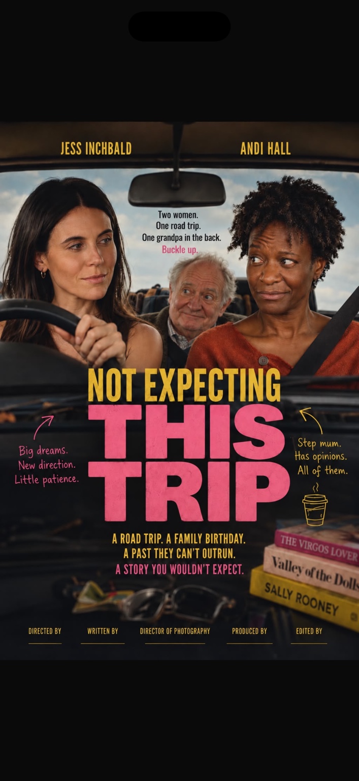 Concept poster showing three characters on a road trip